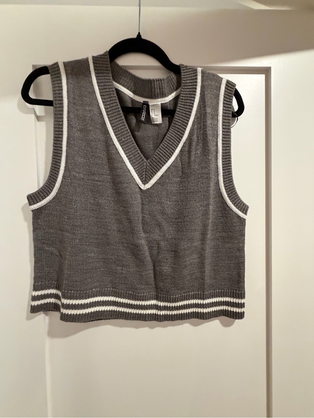 H&M Grey V-Neck Sweater with White Stripe